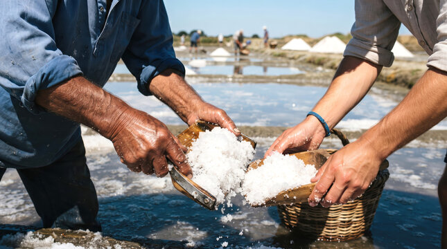 Farmers Harvesting Sea Salt Traditional Salt Pan Manual Labor