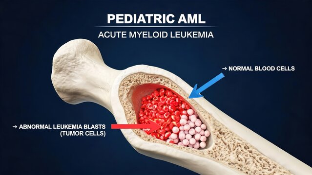 Dark navy background labeled 3D anatomical render for Pediatric Acute Myeloid Leukemia (AML), longitudinal cross-section of human bone showing abnormal leukemia blast tumor cells and normal blood cell