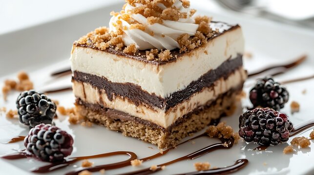 Layered Chocolate Cream Dessert with Fresh Blackberries and Caramel Drizzle