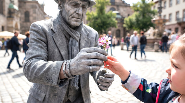 Street Performer Living Statue Giving Flower Little Girl City