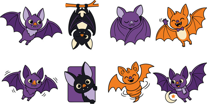 Cute Cartoon Bat Character Collection with Flying Sleeping Hanging and Halloween Vector Illustrations