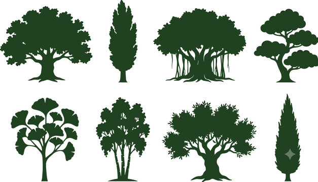 Collection of dark green tree silhouettes featuring various forest and nature plant icons on white background