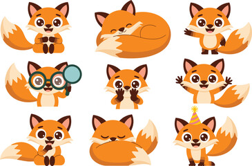 Fototapeta premium Cute Cartoon Woodland Fox Character Vector Set Featuring Fox Sleeping, Waving, Wearing Birthday Hat, Looking Through Magnifying Glass, and Expressing Different Emotions