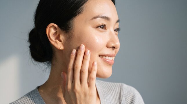 Profile view photo of a serene Asian woman touching her cheek while looking away with a soft smile under gentle sunlight, highlighting smooth skin texture.