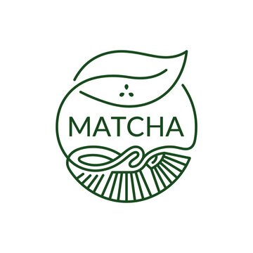 Elegant single-line art logo design depicting a green tea leaf, tea plantation field lines, and MATCHA typography inside a circular frame.