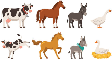 Cute Cartoon Farm Animals Vector Set Featuring Standing and Running Cows, Horses, Donkeys, and Geese on Nest Illustrations for Children Nursery Designs © Ismail