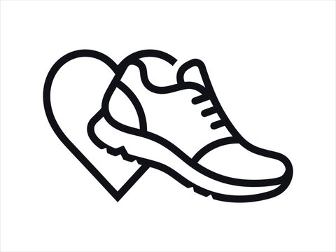 A simple black and white line art icon representing world heart day featuring a running shoe combined with a heart shape for healthy active lifestyle