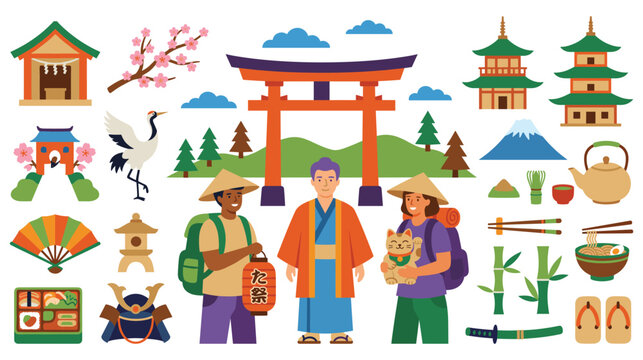 Japanese culture elements icons set with people temples torii gates and nature.