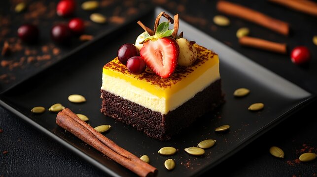 Layered Chocolate and Vanilla Dessert with Strawberry and Chocolate Curls on Black Plate