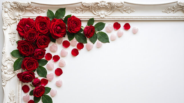 Top-down flatlay of a romantic composition with white plaster frame, red roses, and crystal rose quartz hearts on pure white background