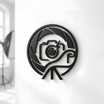 Modern 3D Camera Logo Mockup on a White Wall in a Photography Studio Interior
