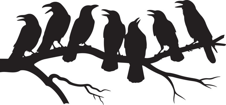 Rabenv&ouml;gel am Ast, Raben Gruppe Silhouette, Vektor Illustration isoliert auf wei&szlig;em Hintergrund