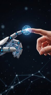 human hand touching robotic finger creating digital spark innovation technology