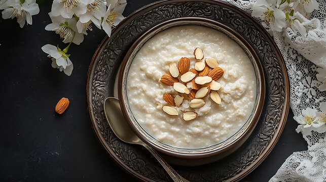 Creamy Rice Pudding with Sliced Almonds in Elegant Decorative Bowl