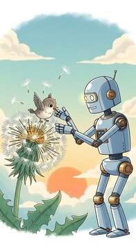Robot gardener tending vibrant tropical plants in sunset.