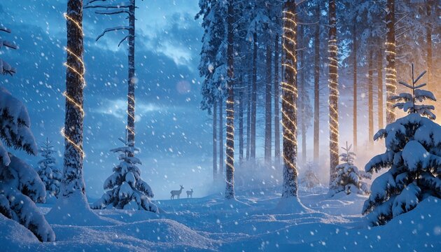 Magical winter forest landscape with glowing fairy lights on pine trees, snowy woodland scene at twilight, ethereal blue Christmas background