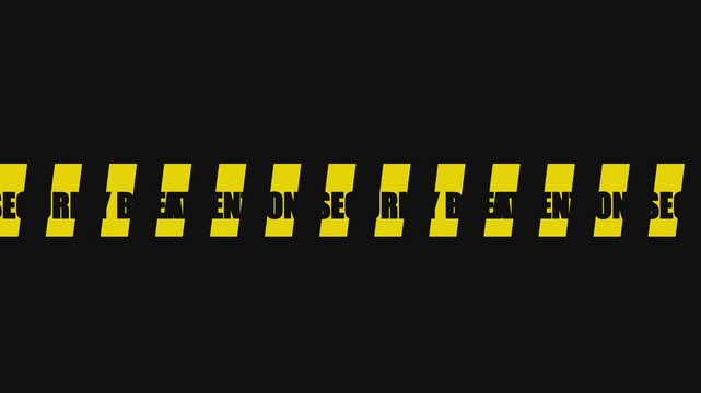 Security breach warning motion with yellow caution tape and scrolling text overlay for cybersecurity and digital alert concepts animation 4k