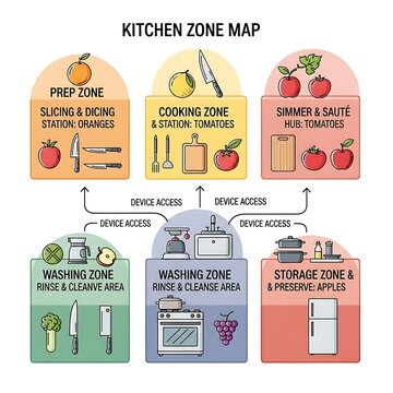 Kitchen layout zones diagram with icons.