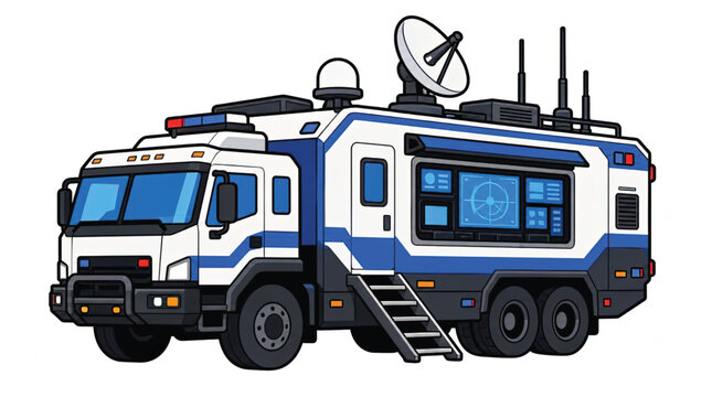 Vector illustration of a mobile command center vehicle with emergency lights and a bull bar, isolated on white.