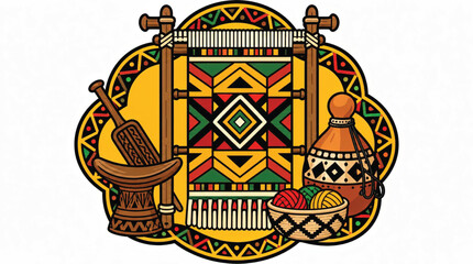 Obraz premium Vibrant Fiesta Sombrero Emblem with Geometric Patterns and Chili Pepper Accent