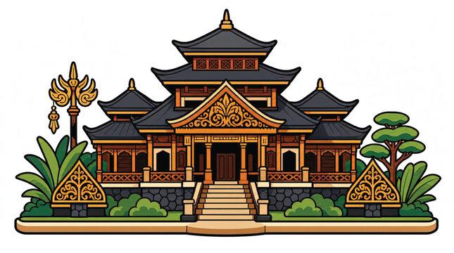 Vibrant Vector Illustration of a Miniature Traditional Balinese Temple Entrance with Lush Greenery and Ornate Golden Details
