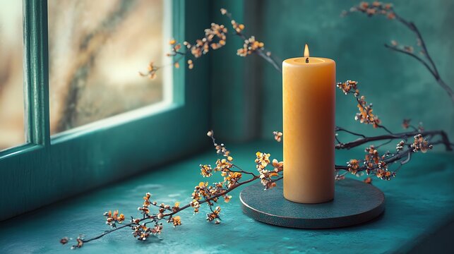 Warm Lit Candle with Floral Branches by Window in Minimalist Home Decor
