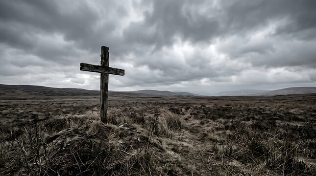 Wooden cross standing on a hill under a cloudy sky