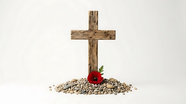 Wooden cross with red poppy flower on a stone grave