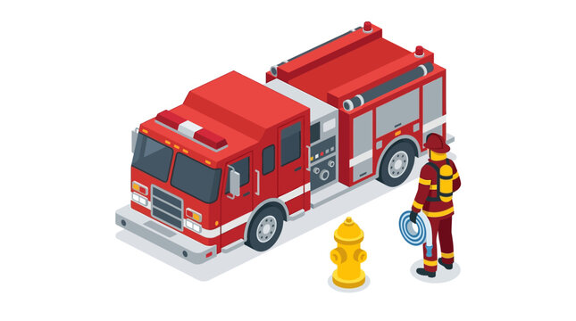 Isometric Fire Truck with Firefighter and Yellow Hydrant Illustration
