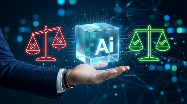 Hand holding ai cube with balance scales for ethics concept