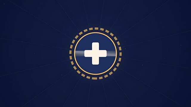 White medical plus sign centered within a glowing golden circular emblem on a deep navy blue radiating scientific abstract background for health care services