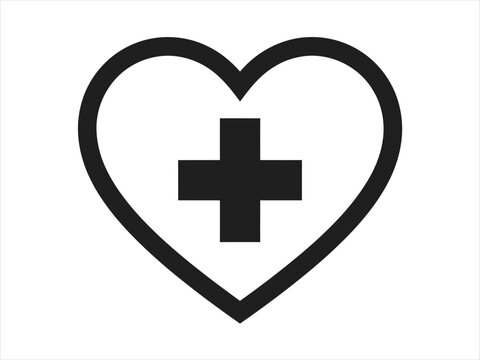 Minimalist black outline heart shape icon with a medical cross symbol inside representing health awareness and care for the annual global world heart day event