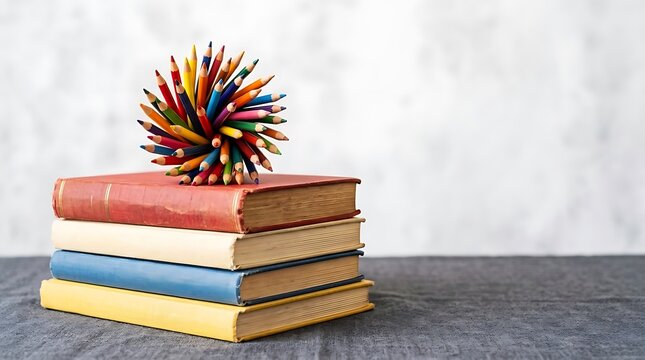Colorful pencil sphere on a stack of vintage books