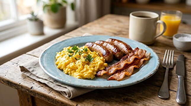 Scrambled eggs with crispy bacon on a plate for breakfast