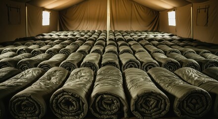 Obraz premium Rows of Rolled Sleeping Bags Inside a Large Military-Style Tent, Ready for Use
