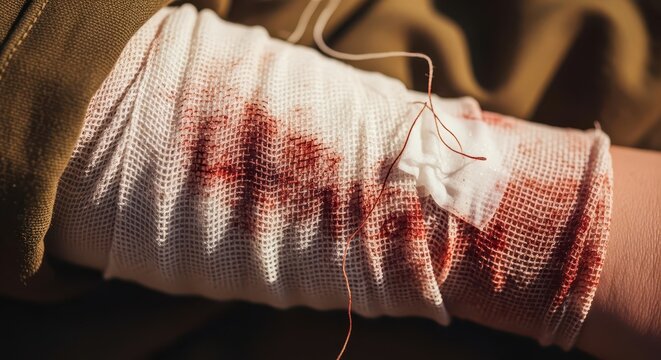 Close-up of a person's arm with a bloody gauze bandage wrapped around it, showing signs of injury and medical attention