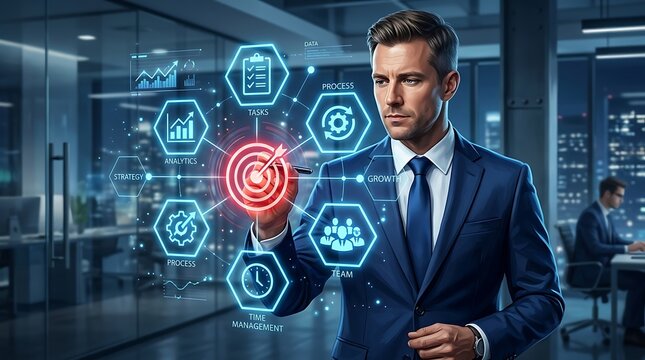 Businessman interacting with digital business growth strategy