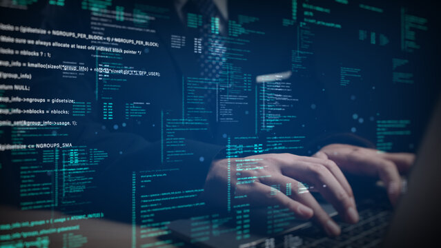 Developer Programming Software Code On Virtual Digital Interface With Cybersecurity Data Analysis And Artificial Intelligence Technology Concept For Modern Computing, 3d Rendering