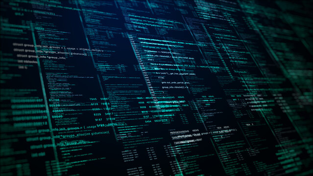 Close Up Of Programming Source Code Display On Dark Digital Interface Representing Software Development, Cybersecurity, Data Processing And Modern Information Technology, 3d Rendering