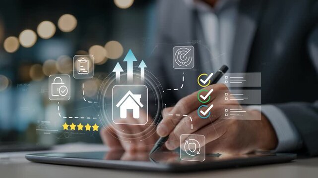 Digital property management platform with animated house icon, businessman reviewing real estate strategy, asset growth, housing analytics and modern enterprise business solutions