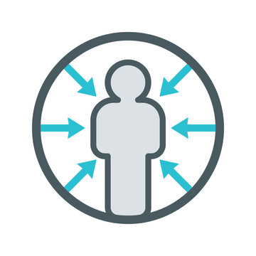 Conceptual of focus and centralization featuring a human silhouette inside a circle with multiple arrows pointing towards the center point