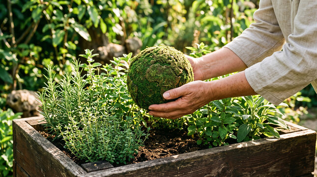 Person holding a kokedama moss ball over a wooden garden planter with fresh herbs.