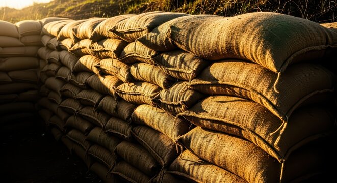 Stack of Sandbags Fortification for Defense and Protection, Barricade Barrier