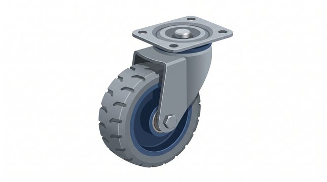 3D rendering of a heavy duty industrial swivel caster wheel with grey rubber tire and metal mounting plate isolated on white background