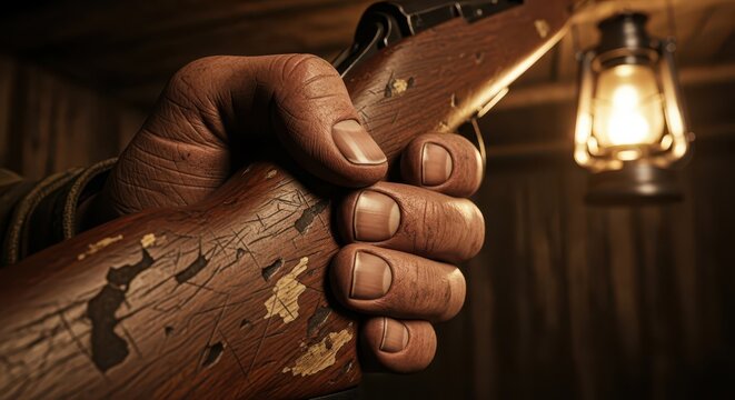Close-up of a rough hand gripping an old wooden rifle stock, with a glowing lantern in the background, evoking a sense of frontier life or adventure.