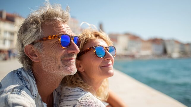 Portrait of a smiling mature Caucasian couple wearing sunglasses sitting together along the sea coast on a sunny day expressing love and relaxation