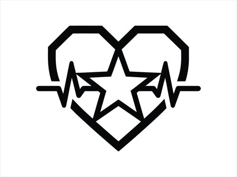 Minimalist black and white icon design featuring a heart shape with a star and heartbeat line perfect for medical awareness and world heart day