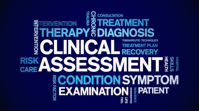 Clinical Assessment animated word cloud-text design animation tag kinetic typography seamless loop.