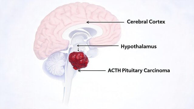 Plain white background labeled sagittal 3D anatomical render of ACTH pituitary carcinoma, human brain cross-section displaying cerebral cortex, hypothalamus and malignant pituitary tumour neuroendocri