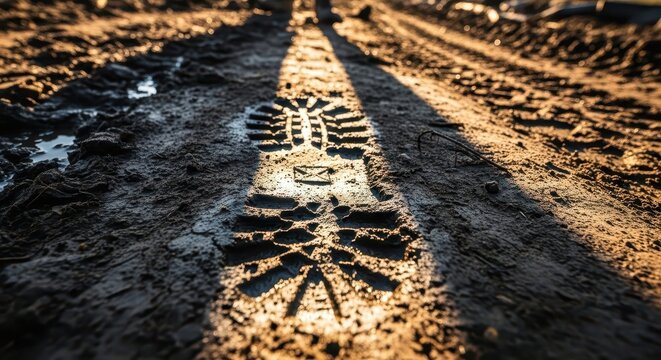 Close-up of a single boot print in wet mud on a dirt road, casting a long shadow in the warm golden hour sunlight.